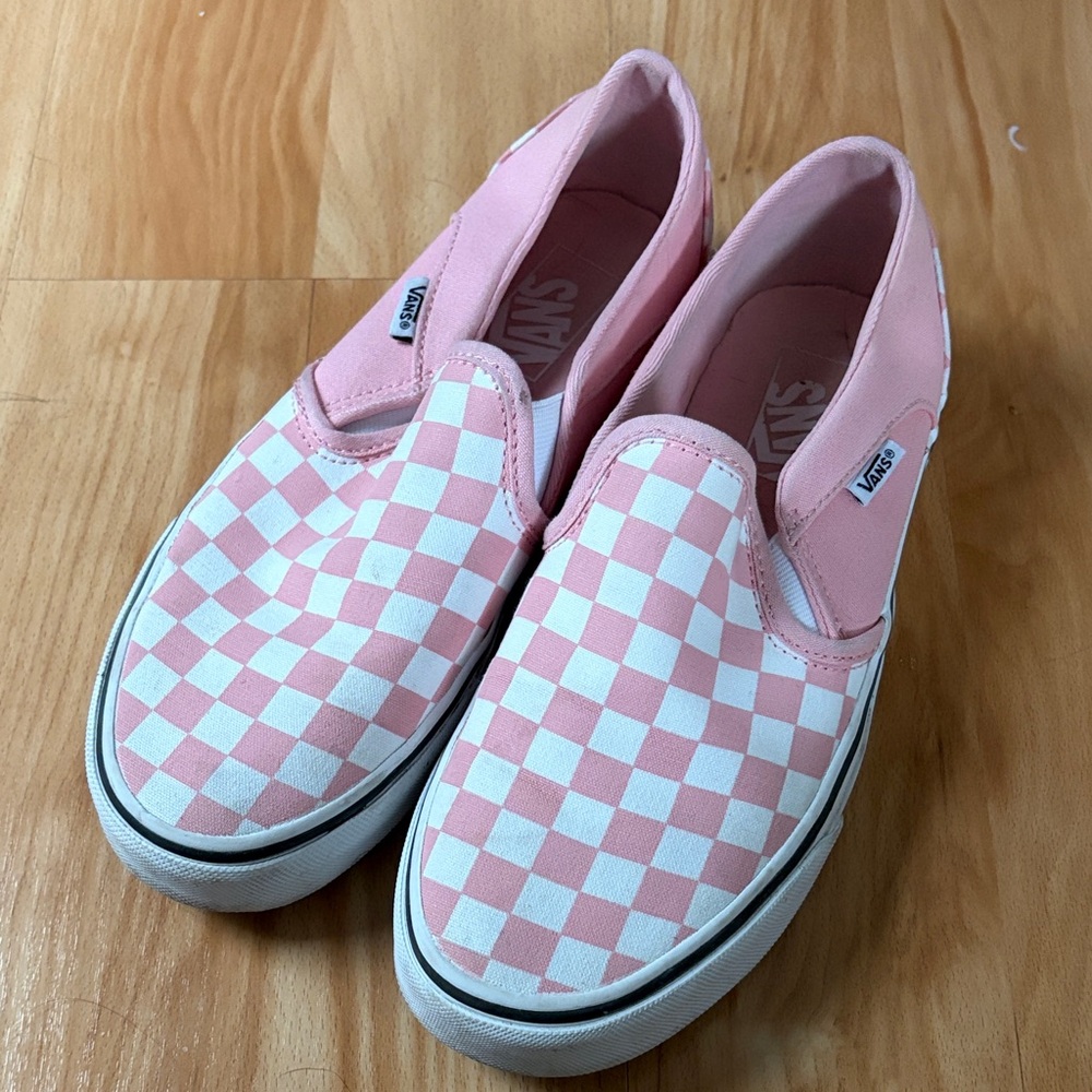 Vans Pink and White Checkerboard Slip-On Sneakers